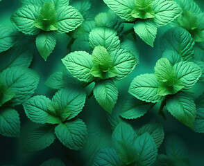 Green mint leaves close-up, on a mint background.