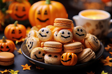Naklejka premium Appetizing and cute macaroons decorated to halloween as smiling pumpkins