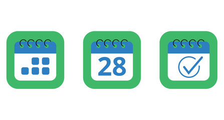 Three specific day calendar vector flat icons in blue color with green background. Calendar icon for websites, blogs and graphic resources, icon with day 28.