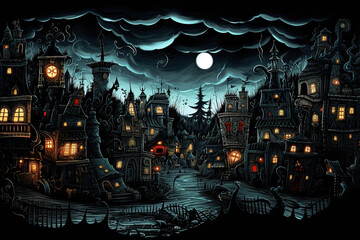 Scary medieval town at night. Doodle art, drawing style, graphic art poster design. Generative Ai illustration