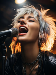 Female rocker singer screaming