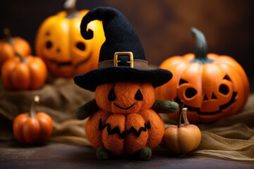 Halloween postcard with cute smiling needle felted pumpkin in a hat