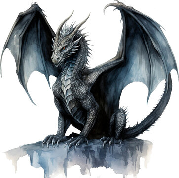 Watercolor black dragon illustration isolated on white background. Dark Fairy tale dragons