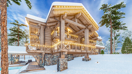 3d rendering of modern cozy chalet with pool and parking for sale or rent. Beautiful forest mountains on background. Massive timber beams columns. Christmas garlands in New Year holidays