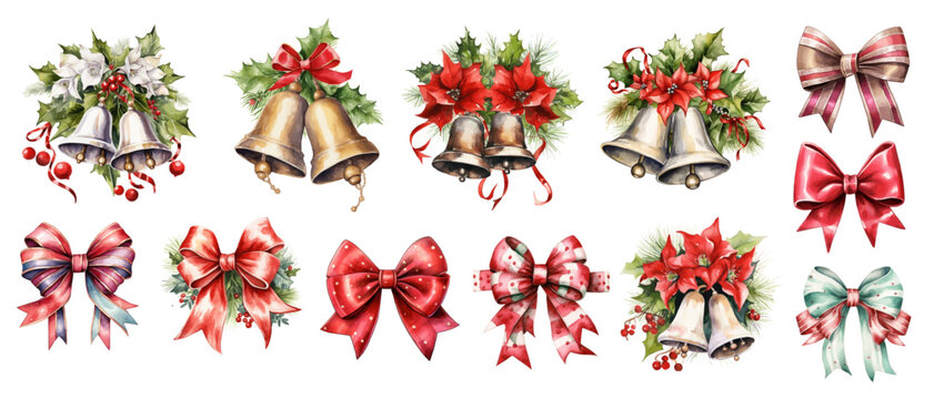Cute Watercolor Christmas Bells, Christmas Bows and Christmas Ribbons Vector Illustrations