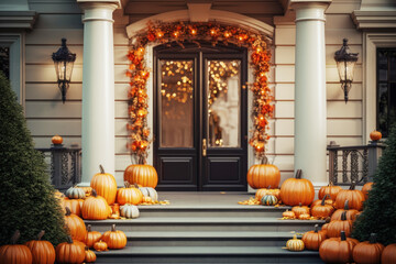 Front porch decorated with pumpkins on steps, flowers, lantern and garland to Halloween celebration