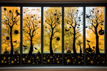Window of house decorated with Halloween stickers as spooky forest