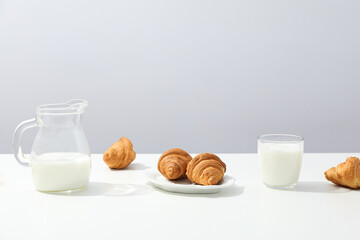 Breakfast tasty food concept - milk with bakery products