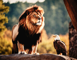 Lion and eagle in nature.