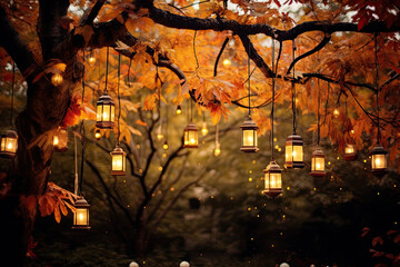 Autumn park, lanterns hanging from the trees