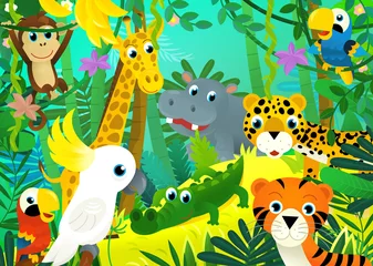 Foto op Canvas cartoon scene with jungle and animals being together with parrot illustration for children © honeyflavour