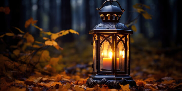 Decorative candle lantern in the ground with fallen autumn leaves. Blurred forest trees in the background.