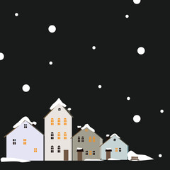 Vector illustration of a winter city, houses in the snow