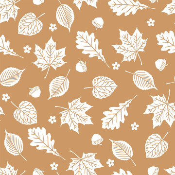 Simple leaves, flowers and acorn autumn pattern. Elegant print for the banner.