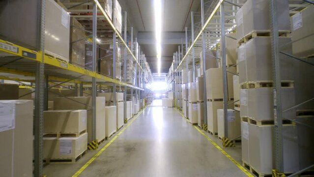 Walking in industrial warehouse with cardboard containers on pallets. Moving in retail storehouse with no people handheld wide shot
