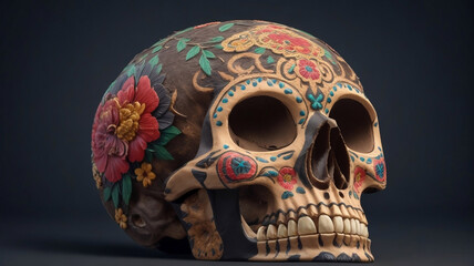 Flower-Adorned Mexican Catrina Skull