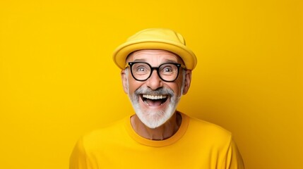 Senior man smile at the camera, showing funny laugh expression. Yellow shirt and background, studio shot. Generative AI