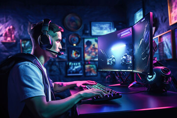 Portrait of a gamer boy with headphones and microphone playing online video games on his personal computer. Esport online gaming technology concept with warm LED neon lights in the room. 