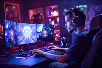 Portrait of a gamer boy with headphones and microphone playing online video games on his personal computer. Esport online gaming technology concept with warm LED neon lights in the room. 
