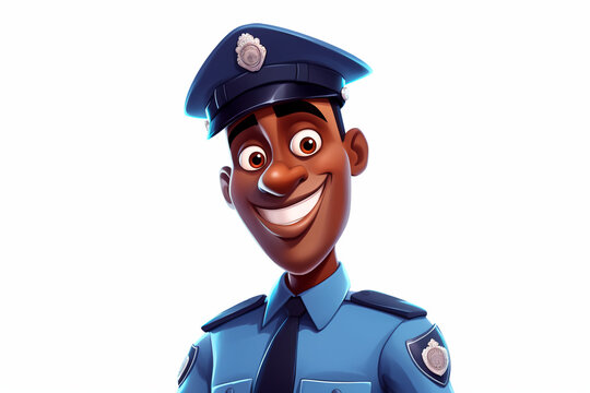 Nice cartoon black man policeman on white isolated background. Pictures for children
