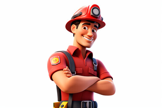 Handsome cartoon male firefighter on a white background. Pictures for children