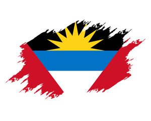 Damaged flag Antigua. Antigua flag with grunge texture. Independence Day. Banner, poster template. National flag Antigua with coat arms. State flag Antigua is drawn in ink.