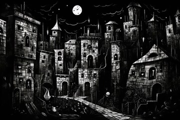 Fantasy medieval town at night. Doodle art, drawing style, graphic artwork poster design. Generative Ai illustration