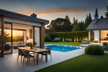 luxury home with pool - obrazy, fototapety, plakaty