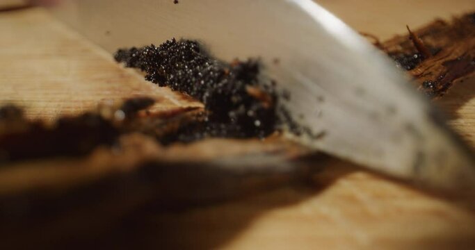Scraping vanilla bean stem with knife closeup