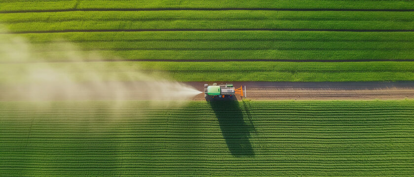 Tractor spraying pesticides fertilizer on soybean crops farm field