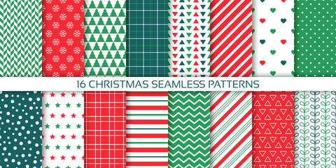 Christmas seamless pattern. Xmas backgrounds. Prints with zigzag, polka dot, snowflake, stripes and plaid. Set New year holiday textures. Red green wrapping paper. Festive design. Vector illustration