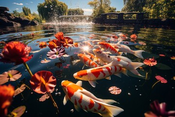 Koi Pond During Feeding Time, with The Fish Eagerly Gathering to Enjoy Their Meal, Generative AI