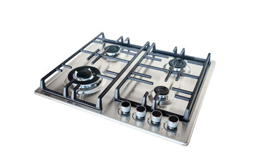 Modern hob gas or gas stove made of stainless steel using natural gas or propane for cooking products, isolated on white background.