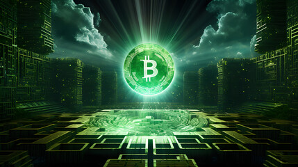 green Bitcoin symbol transcends the matrix confines