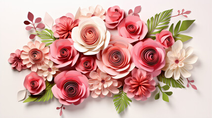 Rose bouquet paper art on white background
