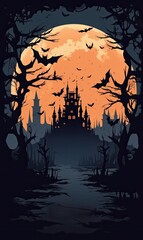 Castle on the hill. On the background there is an orange moon, bats and silhouettes of trees. The concept of the Halloween holiday. Invitation, banner, advertising poster