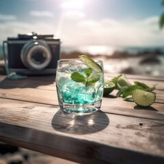 Relaxing with cold mojito on the beach. Fresh drink with ice, lime and mint leaves. Sea in the background. Summer vacation on the island - 638393941