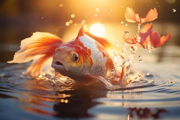 Fotobehang Koi Fish Swimming in a Pond Illuminated by The Soft Light of a Sunrise, Evoking a Sense of Calm, Generative AI © Giantdesign