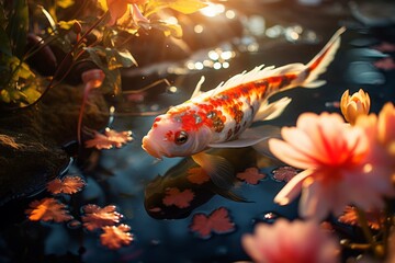 Obraz na płótnie Canvas Koi Fish Swimming in a Pond Illuminated by The Soft Light of a Sunrise, Evoking a Sense of Calm, Generative AI