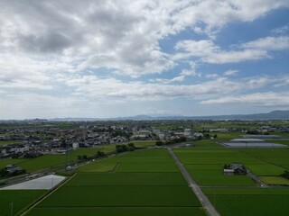 [Drone] Summer blue sky, rural landscape and distant mountains