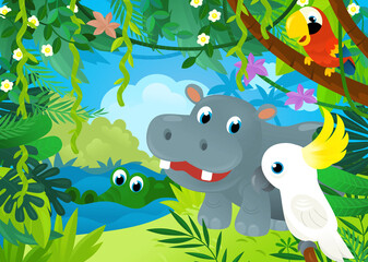 cartoon scene with jungle and animals being together with parrot illustration for children