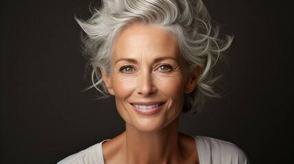 Portrait of mature woman with short hair cut. Authentic beauty.