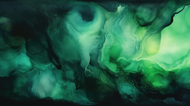 Abstract Black And Green Fluid Watercolor Wash Background 