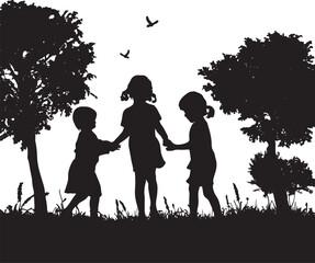 Children, girls play in the park or grass field in silhouette with trees