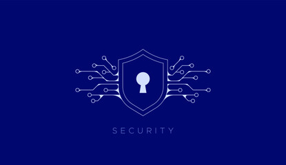 outline shield icon - shield symbol with keyhole or lock outline style and chipset circuit path. digital device safety, protection, privacy and protection symbol. technology concept design