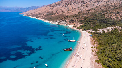 Obraz premium Aerial drone view of the paradise beach of Kroreza or Krorez on the Albanian riviera in Sarande, Albania