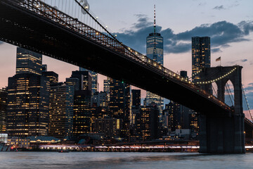 New York City at Night skyline, skyscrapers, Brooklyn Bridge, Manhattan, Downtown, USA