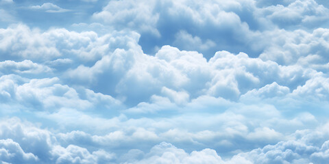Blue sky with white clouds in seamless repeat pattern design. Cartoon clouds on sky blue background for children's bedroom wallpaper. Fluffy clouds on solid background Generative Ai