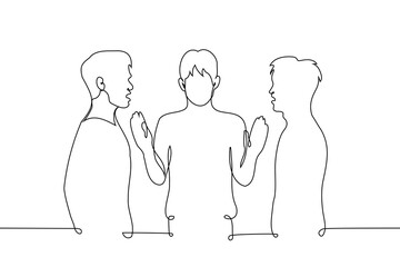 men aggressive arguing standing opposite each other and between them a man trying to stop them - one line art vector. concept of gay men swearing because of man, junior separate brothers