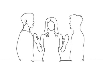 men aggressive or zealously arguing standing opposite each other and between them a woman trying to stop them - one line art vector. concept of men swearing because of woman, sister separate brothers